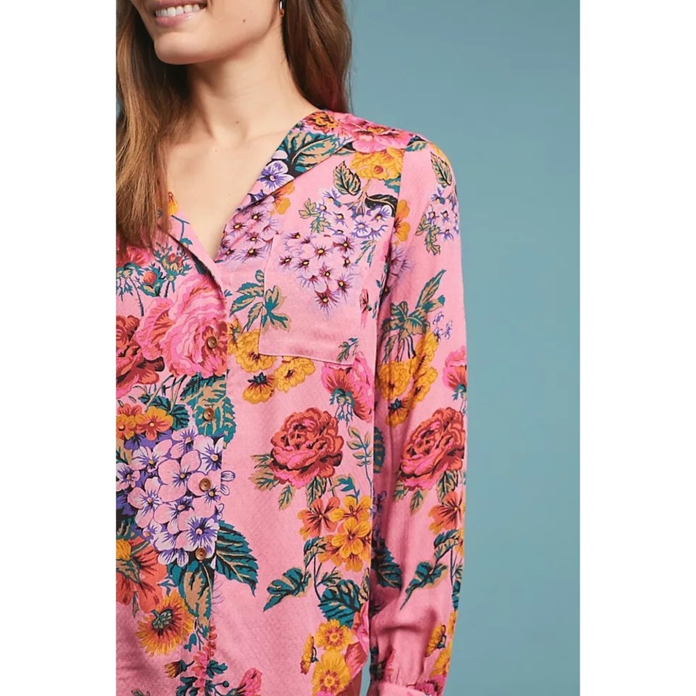 Maeve Anthropologie Pink Floral Button Down Blouse Long Sleeve Rayon Top